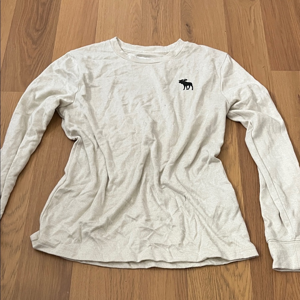 Abercrombie & Fitch Cream Long Sleeve Shirt with Black Moose Emblem